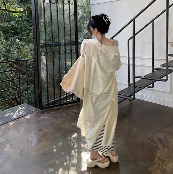 楽天市場】カーディガン シャツワンピース ロング丈 長袖 襟付き 