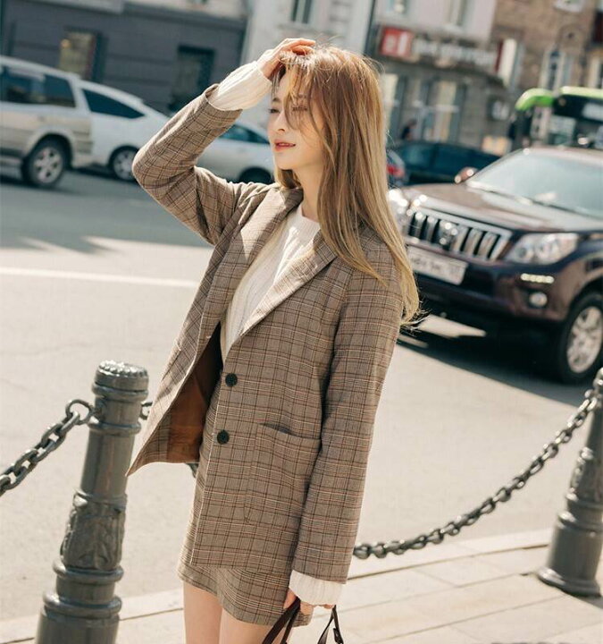 楽天市場】レトロチェック柄 スカートスーツ セットアップ アウター  