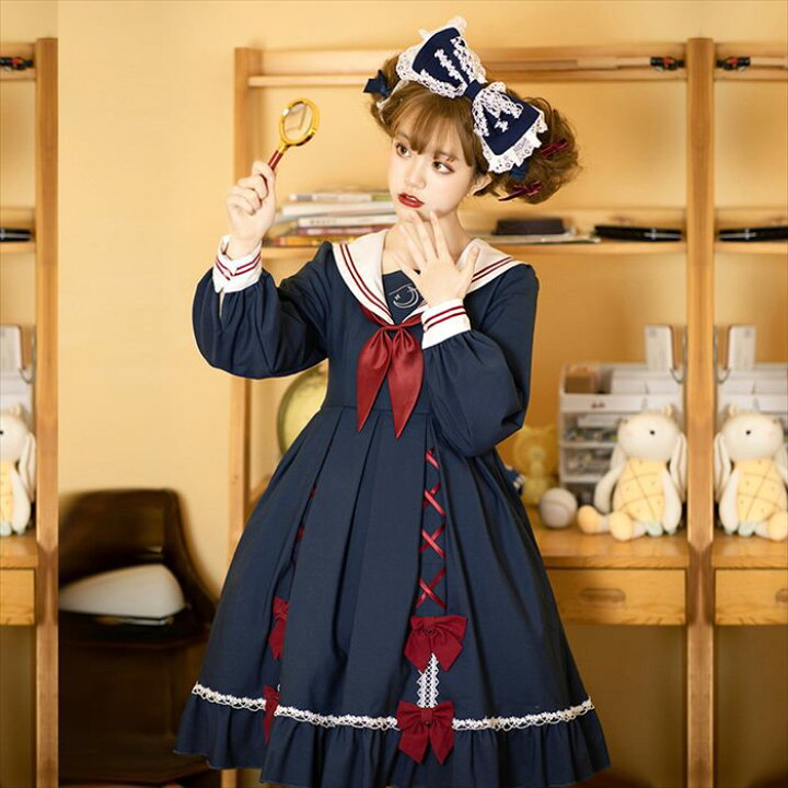 楽天市場 ワンピース ロリータ ロリィタ セーラー服 ゆめかわいい 刺繍 日常 女子高生 制服 学生風 コスチューム コスプレ 普段着 レディース 女の子 ガール ガーリー 可愛い フェミニン レース レースアップ Lolita デイリーユース Alice Doll