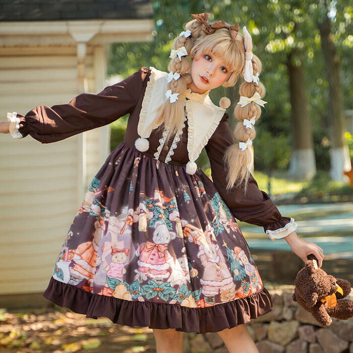 楽天市場 ロリータ ワンピース ドレス クリスマス くま 小熊 プリント かわいい 甘ロリ ゴスロリ ゴシック 長袖 秋冬 新作 レディース 女の子 ゆめかわいい ビブカラー ビンテージ風 Op お姫様 姫 コスプレ パーティー イベント ふんわり フリル ハロウィン コスチューム