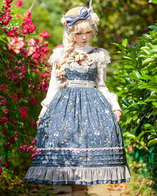 クラロリ クラシカル エレガント ジャンパースカート ワンピース ドレス ロング丈 Lolita ロリータ ロリィタ 花柄 お花 フラワー ガーリー 清楚 フリル レース コスチューム 衣装 かわいい レディース 仮装 イベント 春 夏 秋 ブルー 新入荷