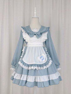 メイド服 セーラー風 セーラーワンピース セーラー服 メイドカフェ コスプレ制服 ロリータ ドレス 姫ロリ エプロン リボン ハート ボーダー襟 長袖 メイド風 ミニ丈 ロリータファッション