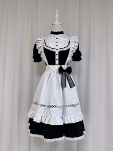メイド服 ワンピース 半袖 クラシカル ロング丈 メイド 定番 カチューシャ セット 英国風 ロリータ 大人可愛い エレガント モノトーン エプロン メイド リボン フリル 制服 喫茶店 メイドカ