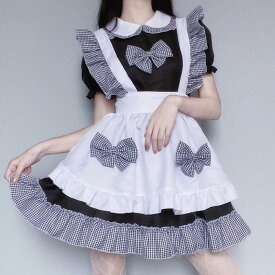 ロリータ ワンピース メイド服 4点セット エプロン 甘ロリ 喫茶 制服 レディース コスチューム 仮装 S-3XL キュート セクシー 可愛い ロリィタ リボン へアドレス チェック柄 ふんわり シンプル コスプレ ハロウィン メイド ヘッドドレス セット パーティー 衣装 飲食店