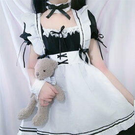 ロリータ ワンピース メイド エプロン コスプレ 8点セット ロリィタ 制服 メイド喫茶 カフェ S-4X レディース ゴスロリ 甘ロリ 定番 白黒 リボン レース 可愛い ふんわり フリル キュート セクシー 仮装 衣装 半袖 ヘッドドレス 首飾り 腕飾り カフス 太もも飾り