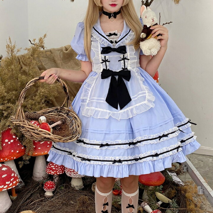 楽天市場 ロリータ ワンピース 3点セット エプロン ロリィタ 甘ロリ 半袖 可愛い アリス 人形 ドール エプロン カチューシャ かわいい 不思議の国のアリス キュート メイド クラロリ ゴスロリ ゆめかわいい エレガント Lolita ゴシック ひらひら フリル リボン リボン