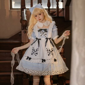 ワンピース 不思議の国のアリス ロリータ 春秋 フリル ドレス レディース コスプレ Lolita アリス 甘ロリ メイド服 半袖 かわいい エプロン リボン カチューシャ ハロウィン コスチューム 付け襟 フリル アニメ