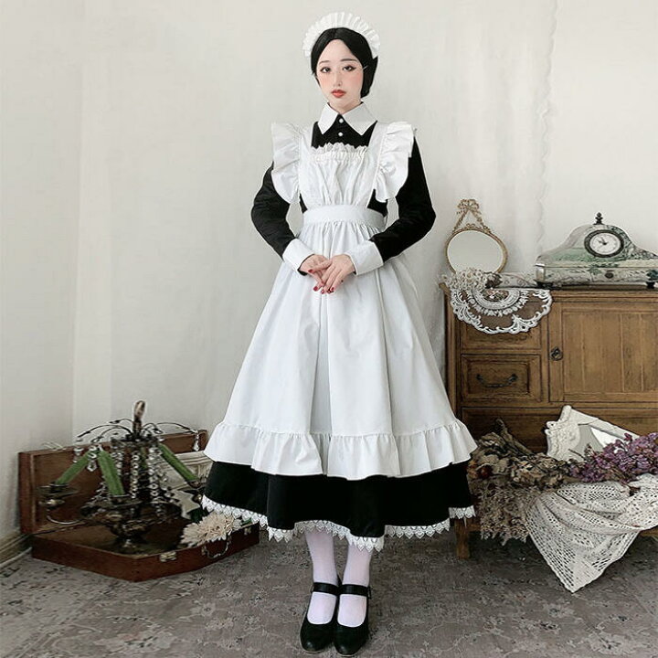 楽天市場 高品質 メイド服 エプロン クラシック ロング ロリータ 3点セット 長袖 半袖 コスプレ メイドカフェ 制服 体型カバー ワンピース ロング丈 清楚 エレガント 着痩せ レディース ゴスロリ かわいい 衣装 女の子 メイド喫茶 飲食店 コスチューム イベント Alice Doll