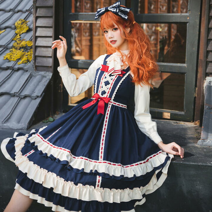 楽天市場 ロリータ ゴスロリ ワンピース ジャンパースカート ドレス ゴシック 宮廷風 可愛い クラシック 青 赤 かわいい おとぎの国 姫 メイド コスプレ コスチューム レディース 衣装 レース リボン フリル ロリィタ Lolita ネイビー ワインレッド イベント 舞台