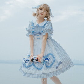 メイド服 ワンピース ロリータ レディース ロリィタ 甘ロリ アリス 半袖 パフスリーブ チェック柄 メイド 可愛い エプロンスカート付 ハート リボン 華やか 爽やか 萌え 短めスカート パーティー 衣装 姫 Lolita コスチューム コスプレ ハロウィン スカイブルー ベージュ