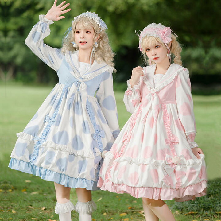 楽天市場 秋冬 新作 ロリータ ワンピース 長袖 レディース 甘ロリ 姫ロリ スイート キュート 可愛い ゆめかわいい ピンク ブルー ブラック 猫の肉球 猫爪 アニマルプリント ワンピ リボン クロスタイ スカーフ ミルク セーラー ペアルック ペアスタイル 女の子 お姫様