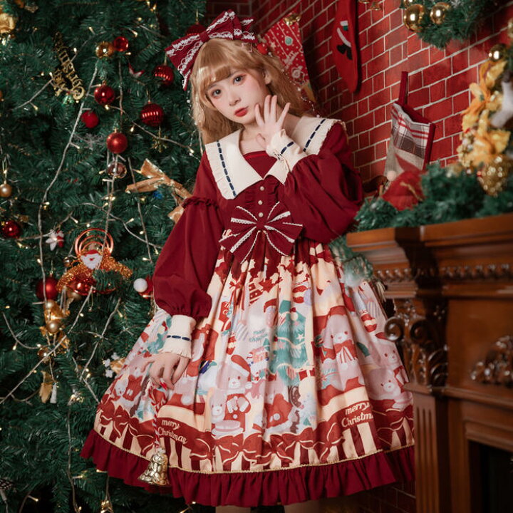楽天市場 ロリータ Lolita ロリィタ ワンピース クリスマス 秋冬 甘ロリ スイート ゴスロリ かわいい ハイウエスト 長袖 Op 小熊 プリント レディース ふんわり ドレス スカート パフスリーブ 可愛い 豪華 ゴシック エレガント ゆめかわいい ワインレッド パーティー