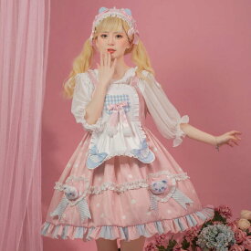 ロリータ メイド服 ワンピース エプロン付 ジャンパースカート ショート丈 メイド お姫様 ロリータドレス 姫 クマ ぬいぐるみ コスチューム コスプレ ハロウィン レディース 女性 大人 可愛い 学園祭 ウェイトレス ピンク フリル裾 リボン エプロンドレス