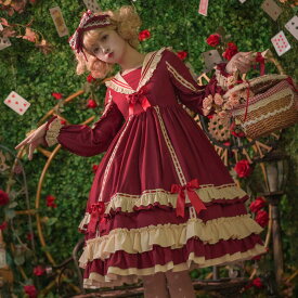 ロリータ セーラー ワンピース 秋冬 長袖 フリル リボン オリジナル クラシカル お嬢様 かわいい ハイウエスト レディース コスプレ ゴシック ゴスロリ メイド 甘ロリ クラロリ コスチューム Aラインワンピ ゆめかわいい ハロウィン