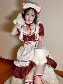 セクシー メイド服 コスプレ 豪華セット 甘ロリータ 姫ロリ 萌え かわいい 仮装 ゴスロリ S-5XL ミニ丈 ワンピース　エプロン エロ可愛い ワインレッド ハロウィン ロリィタ レディース ロリータワンピース ル-ムウェア