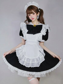 メイド服 ワンピース レース ヘアドレス付き 半袖 ゴスロリ ゴシックロリータ コスプレ ふんわり かわいい 萌え Lolita クラシカル 定番 カチューシャ セット 甘ロリ エプロンメイド クラシック レディース イベント