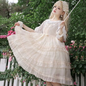 ロリータ Lolita ジャンパースカート ノースリーブ ワンピース ドレス 可愛い リボン フリル ふんわり 春夏 ゴシック ゴスロリ 甘ロリ クラロリ 姫ロリ ジャンスカ かわいい 高級感 レース 姫様 ロリィタ