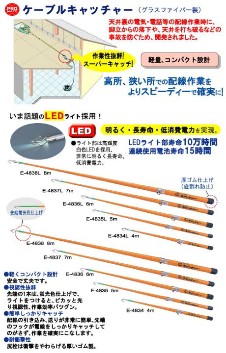 楽天市場】ケーブルキャッチャー【LEDライト付き】 伸長時寸法/8m 