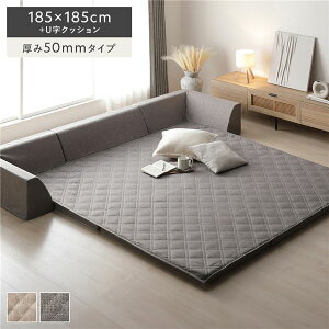 極厚 ラグ 背クッション セット 約185×185cm+U字クッション 厚み50mmタイプ グレー 高反発ウレタン 滑り止め加工付き カバーリング仕様 簡単付け替え 洗えるカバー付き オールシーズン快適 ク