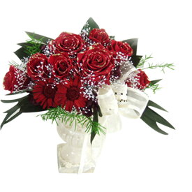 【ブリザーブドフラワー】三日月型ラインがエレンガント クレセント 豪華なバラのコンポートアレンジメント『真紅のクレッシェント』薔薇とガーベラ・プリザーブドフラワー