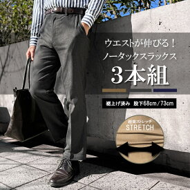 スラックス 大きいサイズ 伸びる チノパン 春 夏 メンズ 裾上げ済み 3本組 スリム ストレッチ お得セット ウエストゴム ゴルフ 伸びる パンツ ズボン 秋 冬 オールシーズン 股下68cm 73cm 無地 ネイビー グレー ベージュ シニア 紳士 ビジネス
