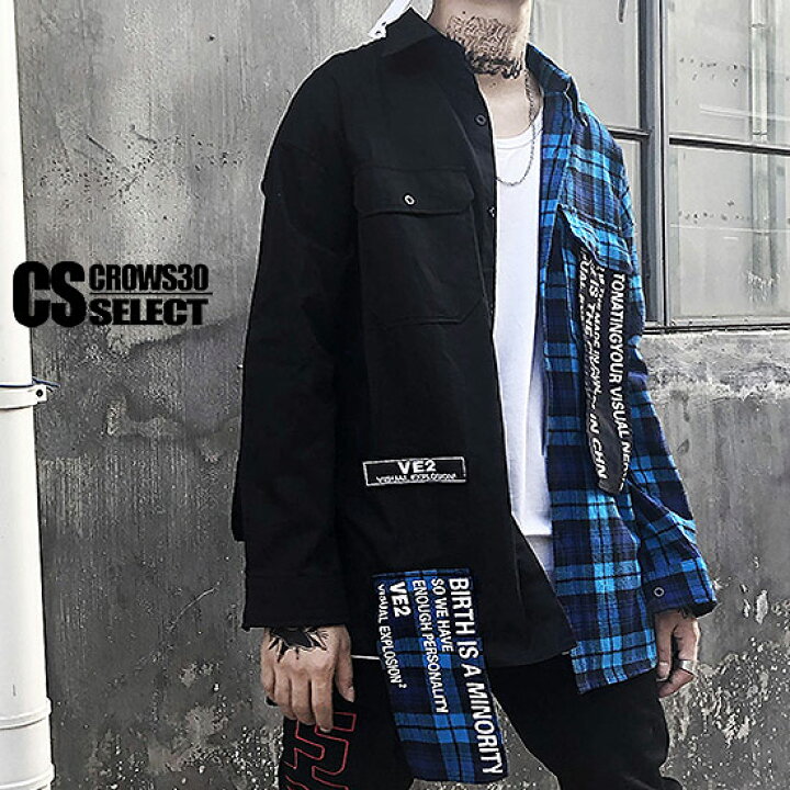 楽天市場 チェックシャツ メンズ ロング丈 バイカラー メッセージプリント ロゴ 長袖 シャツ ビックプリント インポート 送料無料 秋 冬 新作 30代 40代 個性的 お兄系 V系 ヴィジュアル系 ホストスーツ 衣装 ストリート系 モード系 韓国 ブルー ブラック 黒 Alleglo