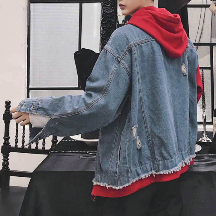 楽天市場 Gジャン メンズ デニムジャケット パーカー バイカラー インポート 変形 ブルゾン 送料無料 秋 冬 新作 アウター ビター系 Bitter系 ストリート系 ファッション 衣装 ブルー お兄系 ホスト 韓国 ワイン Alleglo クローズ30スタイル