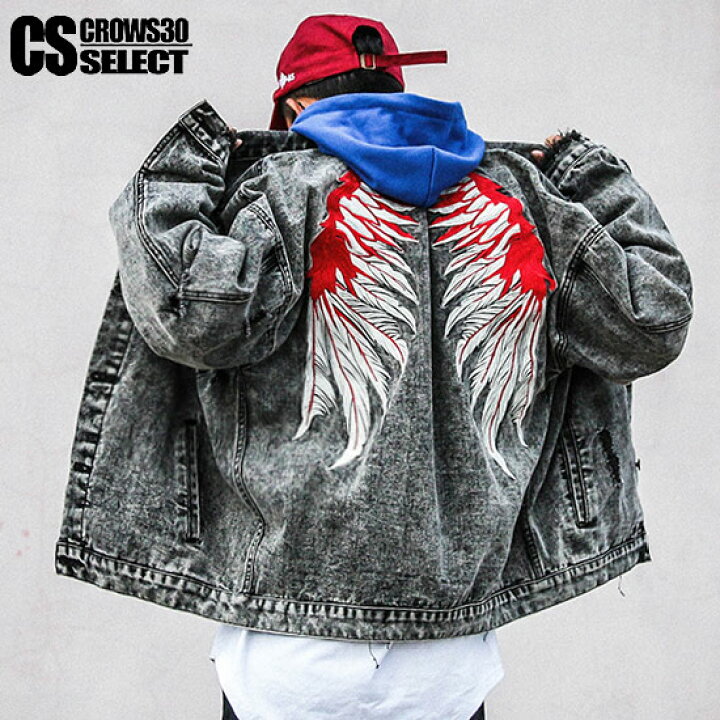 楽天市場】Gジャン メンズ デニムジャケット メンズ ウィング 羽 刺繍  