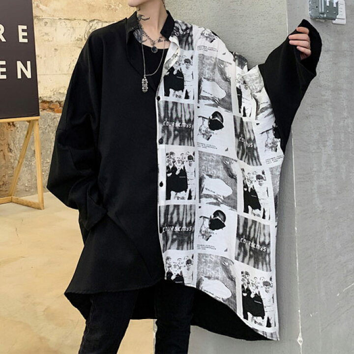 楽天市場 シャツ メンズ オーバーサイズシャツ バイカラーシャツ フォトシャツ ビッグシャツ 大きいサイズ 長袖 シャツ ブラック 黒 ホワイト 白 インポート 送料無料 秋 冬 新作 個性的 V系 ヴィジュアル系 ホスト スーツ ホストスーツ 衣装 ストリート系ファッション