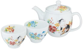 セラミック藍 花猫 ポット茶器 レッド/ブルー サイズ：約W26.6 D14.5 H11.5 13384