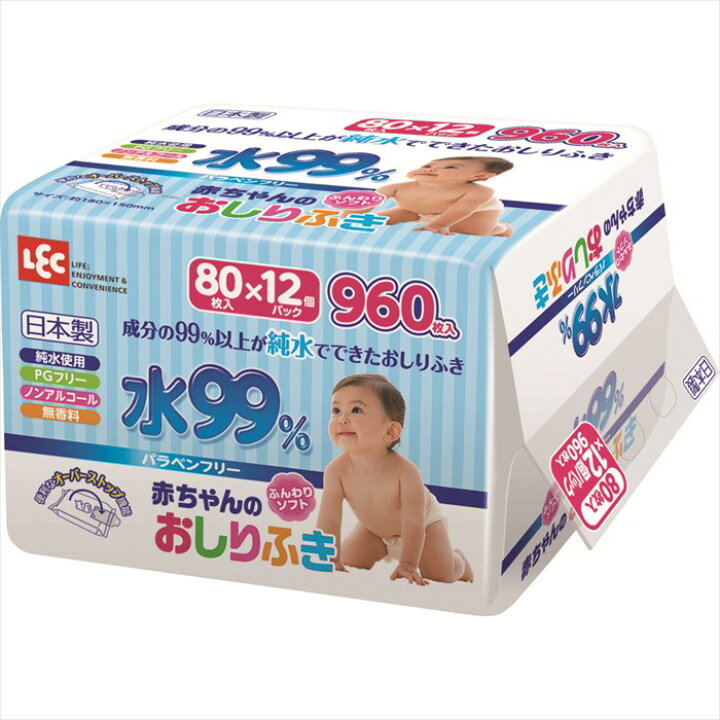 楽天市場 在庫処分 レック 水99 赤ちゃんのおしりふき 960枚入 80枚入x12個 介護や育児に 日本製 純水使用 Pgフリー ノンアルコール 無香料 パラベンフリー 豊通オールライフ