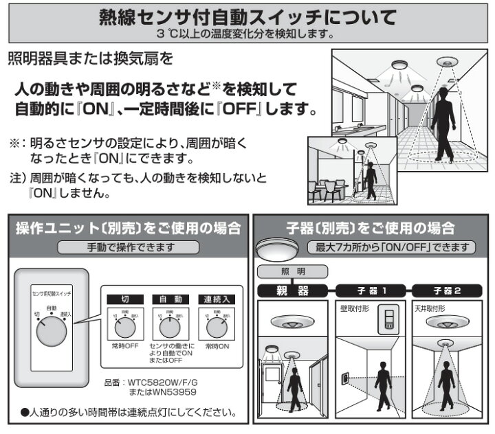 楽天市場】パナソニック 天井取付熱線センサ付自動スイッチ 広角検知形  
