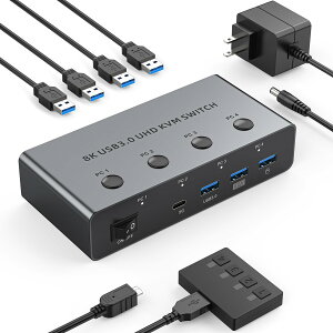 �y���������zHDMI KVM�ؑ֊� 4�R���s���[�^�p 4*USB 3.0�|�[�g�t�� �A���~KVM�X�C�b�` 4����1�o�� 4K@144Hz�Ή� 1���j�^/�L�[�{�[�h/�}�E�X/�n�[�h�h���C�u/�v�����^�����L HDMI�P�[�u��4�{�AUSB�P�[�u