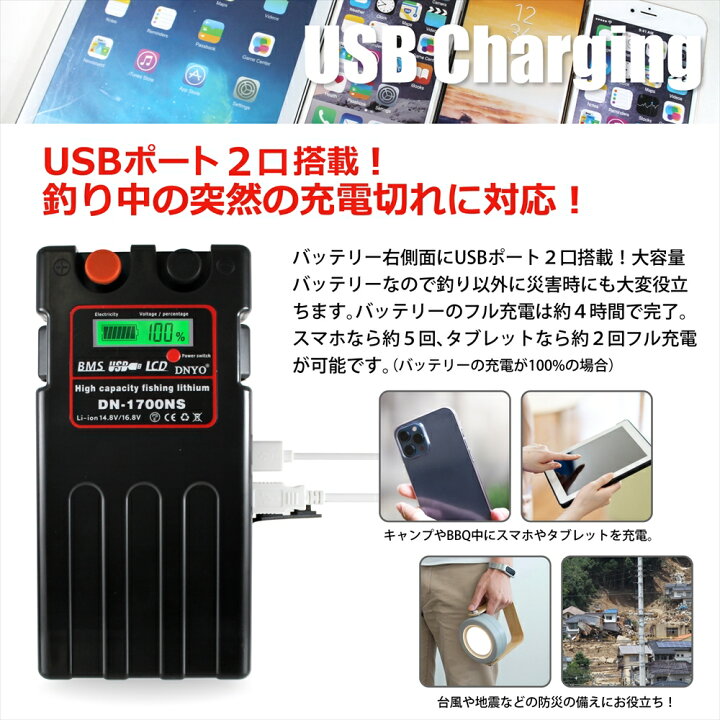 楽天市場 長期1年保証付き 電動リール用 バッテリー mah Dn1700 Ns 14 8v リチウムバッテリー 充電器セット Usbポート 小型 軽量 超大容量 ダイワ シマノ 互換バッテリー 互換 コンパクト 充電器 ケース付き パワフル 液晶 釣り 海釣り 船釣り フィッシング