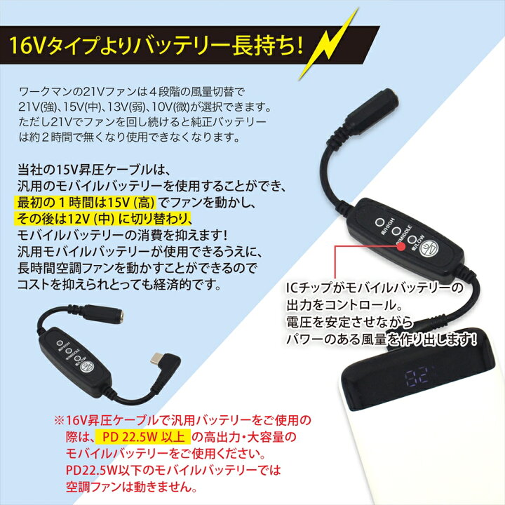 楽天市場】ワークマン WORKMAN WindCore Type-C 15V 昇圧ケーブル 2025 