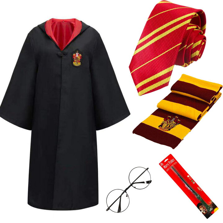 楽天市場 ハリーポッター コスプレ マント 赤 Harry Potter 衣装 ローブ フード付き 子供 子ども 大人 ネクタイ 魔法の杖 メガネ マフラー 仮装 男性 女性 5点セット 制服 コスチューム ユニバーサルスタジオ Usj ハロウィン All The Way Fashion