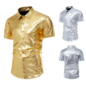 送料无料 メンズ 半袖 カジュアルシャツ 大きいサイズ 光沢 派手 ステージ衣装 ボタンダウントップス ポイントカラー 2色5サイズさ選択