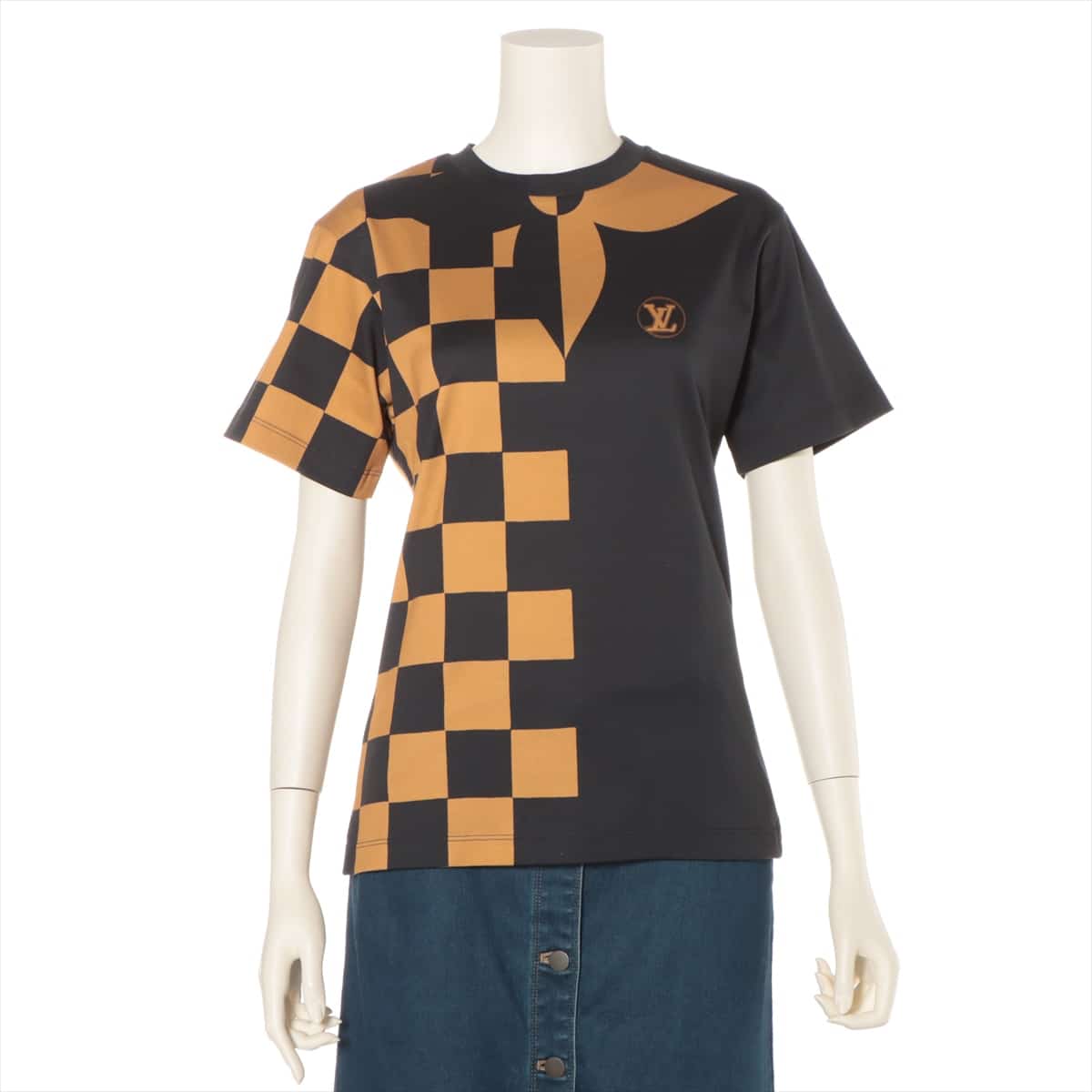 【中古】ヴィトン RW211W コットン Tシャツ XS レディース ブラック×オレンジ ダミエ Tシャツ・カットソー