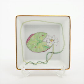 【中古】エルメス FLEURS DE LOTUS 蓮の花 ウォーターリリー 小皿 陶器 ホワイト×グリーン