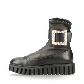 【中古】ロジェ ヴィヴィエ レザー ショートブーツ 38.5 レディース ブラック ビジュー ストラスバックル 厚底 ラバーソール