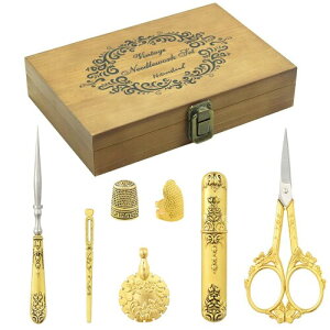 D&D 刺繍はさみセットヨーロッパのアンティーク 木製縫製キット 手芸用 ハサミ 糸きり縫製はさみ 裁縫 DIYツール 縫製キット (ゴールド)
