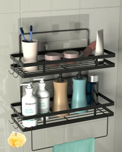 浴室用ラック タオルハンガー・小物フック付き しっかり粘着 調味料 収納ラック 耐荷重15KG 水切り 錆びない 壁掛けラック 穴あけ不要 お風呂/洗面所/キッチンに 2段式 ブラック