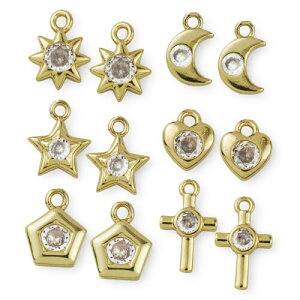 (MiYuffee) ミニラインストーン カン付き チャーム ゴールド 星月 太陽 クロス ハート 五角形 ピアス アクセサリー パーツ 6種12個セット