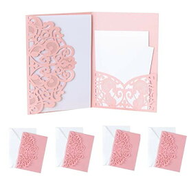 メッセージカード 誕生日 招待状 カード C-POSH レースカット 白紙カード 封筒 写真収納 付き 5枚セット (ピンク5/白カード3)