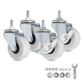 M6 交換用キャスター, 50mm ネジ式キャスター, 小型台車・収納棚・ワゴン用交換キャスター, 耐久性・静音 PVC ナイロン製, 2個ブレーキ+2個なし, 台湾製