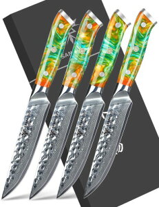 SANMUZUO Steak Knives Set of 4, Ultra Sharp Kitchen Steak Knife 5 Inch - Forged Damascus Steel & Resin Handle - Yao Series