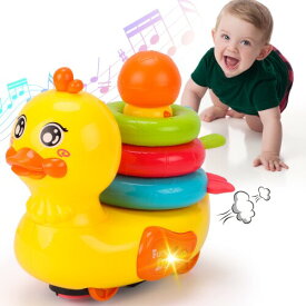 Qizebaby 赤ちゃん・幼児のおもちゃ、音楽這うダック、シミュレーションダックおもちゃ、自動的に障害物を回避する、スタッキングトイ、図形認識、光と音楽 、色の知覚、子供 おもち