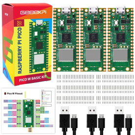 GeeekPi 3パック Raspberry Pi Pico W キット ピンヘッダーと USB ケーブル付き - Raspberry Pi RP2040 チップ、Wi-Fi ワイヤレス接続、Raspberry Pi Pico W ボード、20 ピンヘッダー、3 ピンヘッダー、USB ケーブ