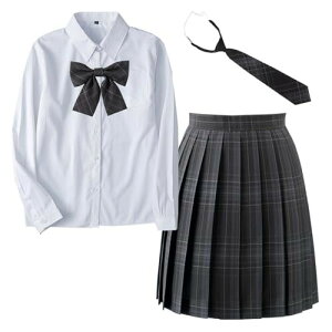 (SYRHSYB) 制服 セット JK制服 スーツ コスプレ スカート 丈48cm 4点セット 女子高生制服 長袖 上下セット 角襟 白いシャツ リボン ネクタイ スクールスカート ハロウィン コスチューム 写真