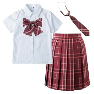 (SYRHSYB) 制服 セット JKコスプレ JK制服 スーツ 丈48cm 4点セット ハロウィン 女子高生制服 半袖上下セット 角襟 白いシャツ リボン ネクタイ スクールスカート コスチューム 写真撮影 遊